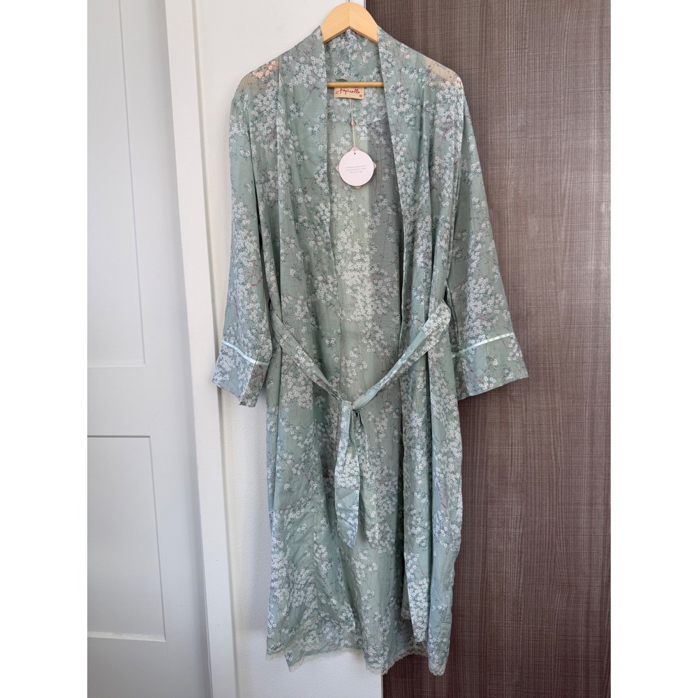 NEW Papinelle Teal Cherry Blossom Maxi Robe Cotton Silk Lace Trim Floral Medium - Picture 3 of 14